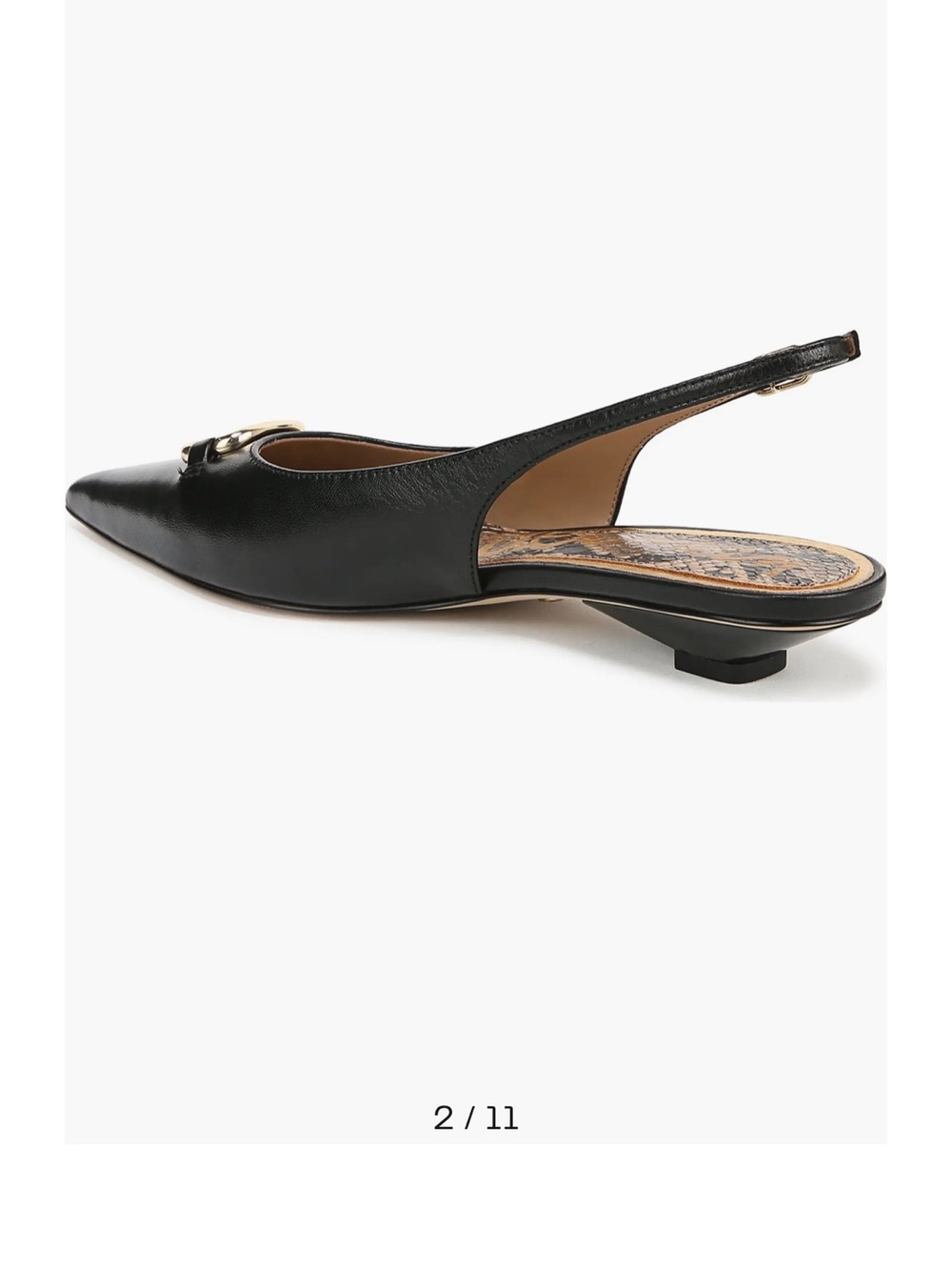 Black Leather Pointed Slingback Flat with Gold Hardware - Picture 7 of 8